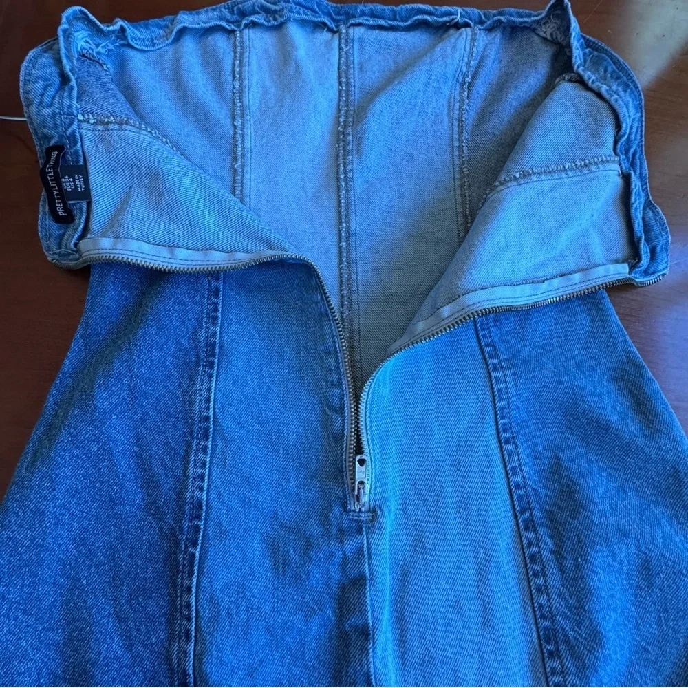 PrettyLittleThing Denim Cotton Patchwork Strapless Mini Dress Blue Stripe